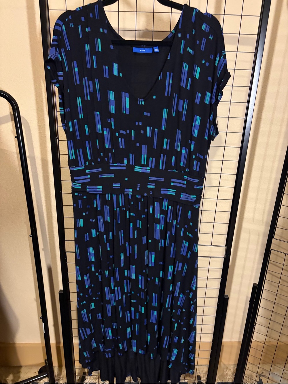 Women’s Black V-Neck Printed Dress with Blue & Teal Accents